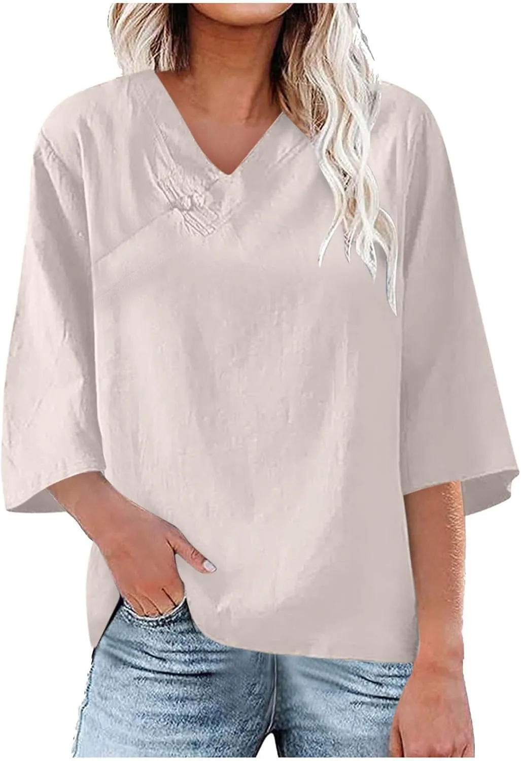 2025 Spring Summer Cotton Linen Shirts V-Neck Short Sleeve Tops Dressy Casual Plain Blouse Loose Comfy Tees Tunics