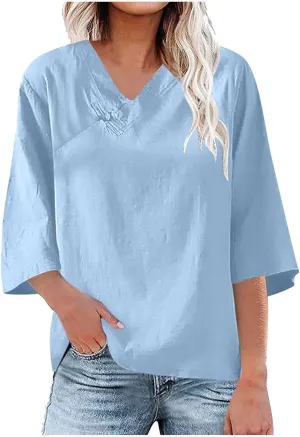 2025 Spring Summer Cotton Linen Shirts V-Neck Short Sleeve Tops Dressy Casual Plain Blouse Loose Comfy Tees Tunics