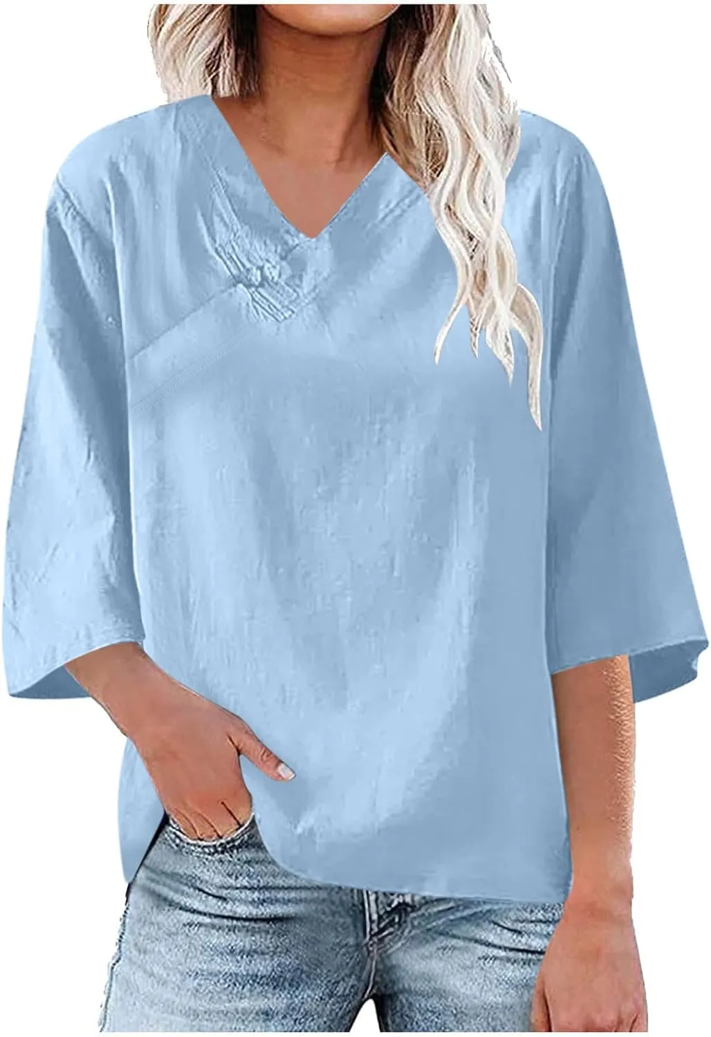 2025 Spring Summer Cotton Linen Shirts V-Neck Short Sleeve Tops Dressy Casual Plain Blouse Loose Comfy Tees Tunics