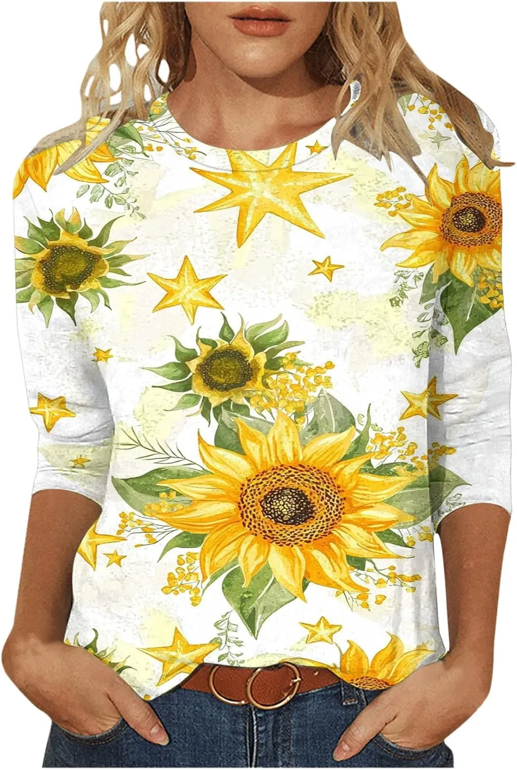 3/4 Length Sleeve Womens Tops Going Out Cute Floral Sunflower Graphic Tee Trendy Aesthetic Lightweight Summer Clothes