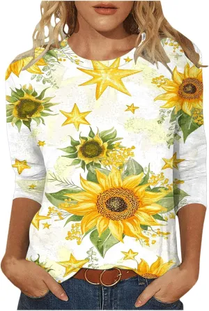 3/4 Length Sleeve Womens Tops Going Out Cute Floral Sunflower Graphic Tee Trendy Aesthetic Lightweight Summer Clothes