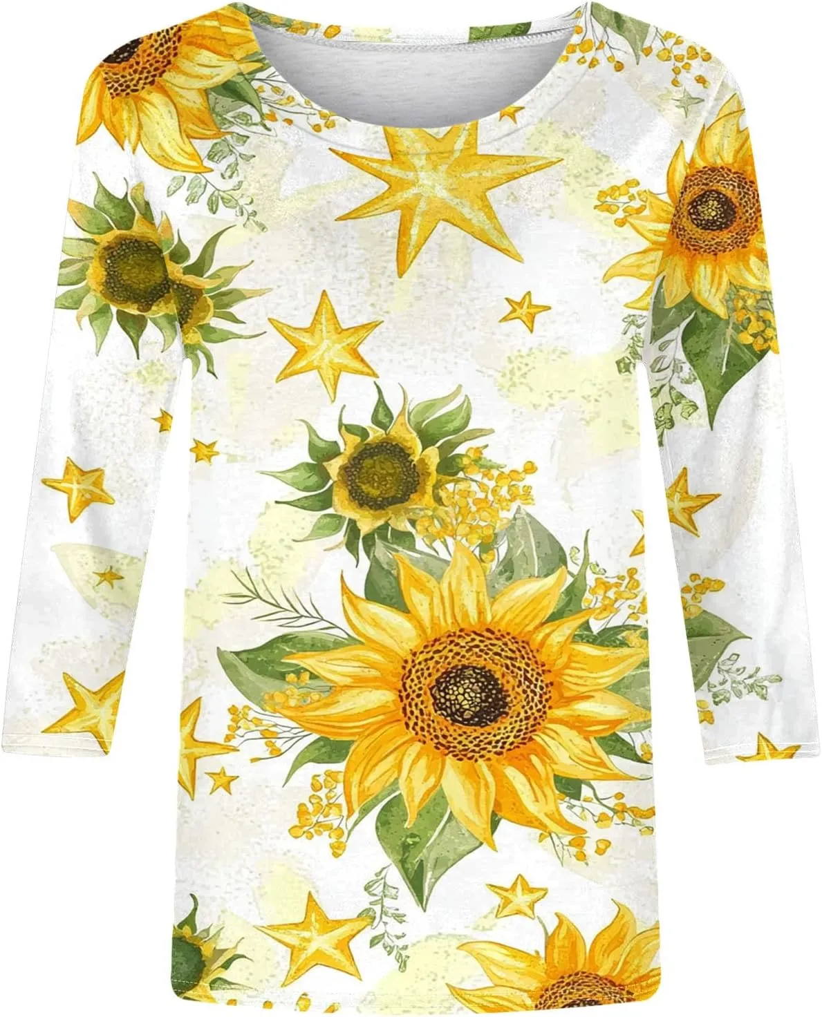3/4 Length Sleeve Womens Tops Going Out Cute Floral Sunflower Graphic Tee Trendy Aesthetic Lightweight Summer Clothes
