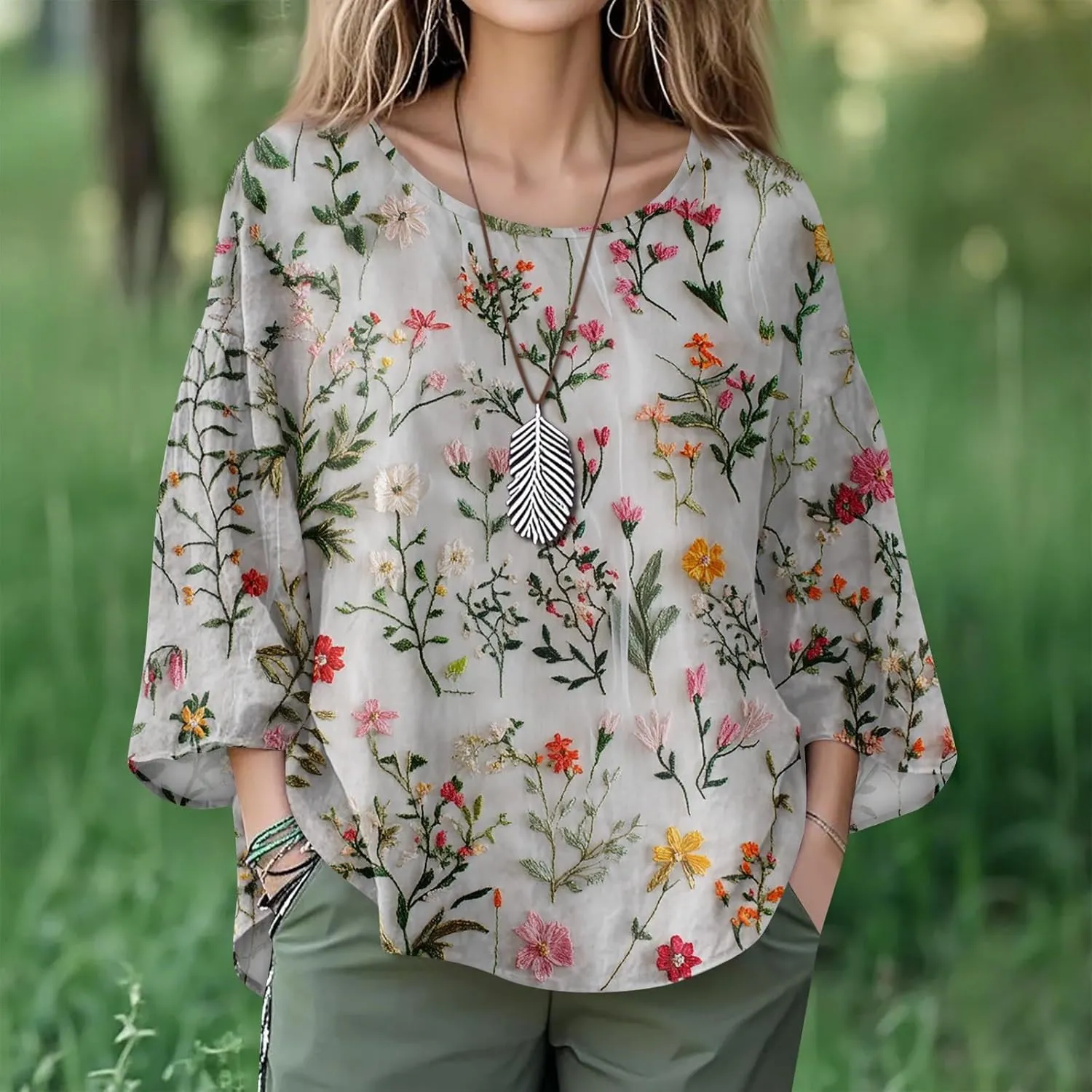 3/4 Length Sleeve Womens Tops Summer Floral Print Crewneck Blouses Dressy Casual Three Quarter Sleeve Cute Tshirts