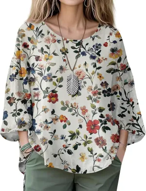 3/4 Length Sleeve Womens Tops Summer Floral Print Crewneck Blouses Dressy Casual Three Quarter Sleeve Cute Tshirts