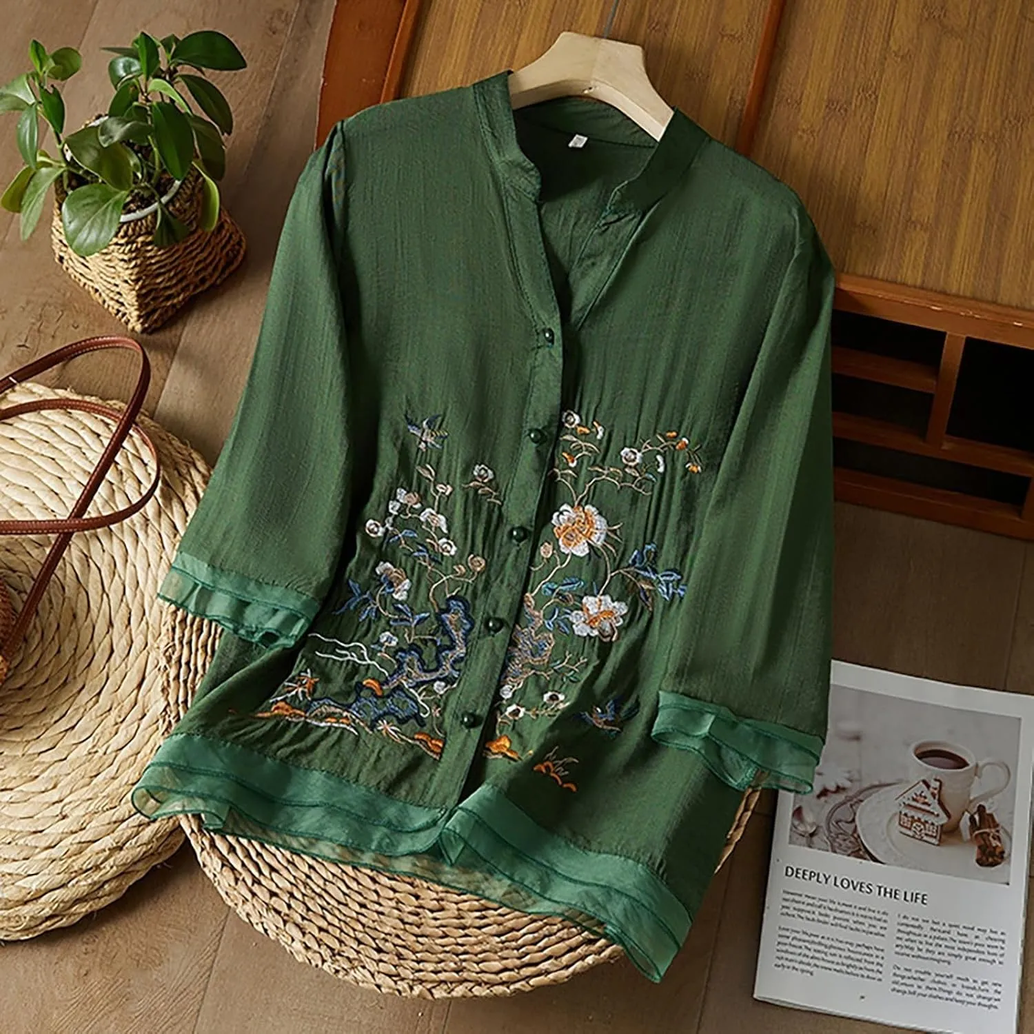 3/4 Sleeve Cotton Linen Shirts for Women 2025 Summer Boho Retro Embroidered Tops Dressy Casual Trendy Vacation Blouse