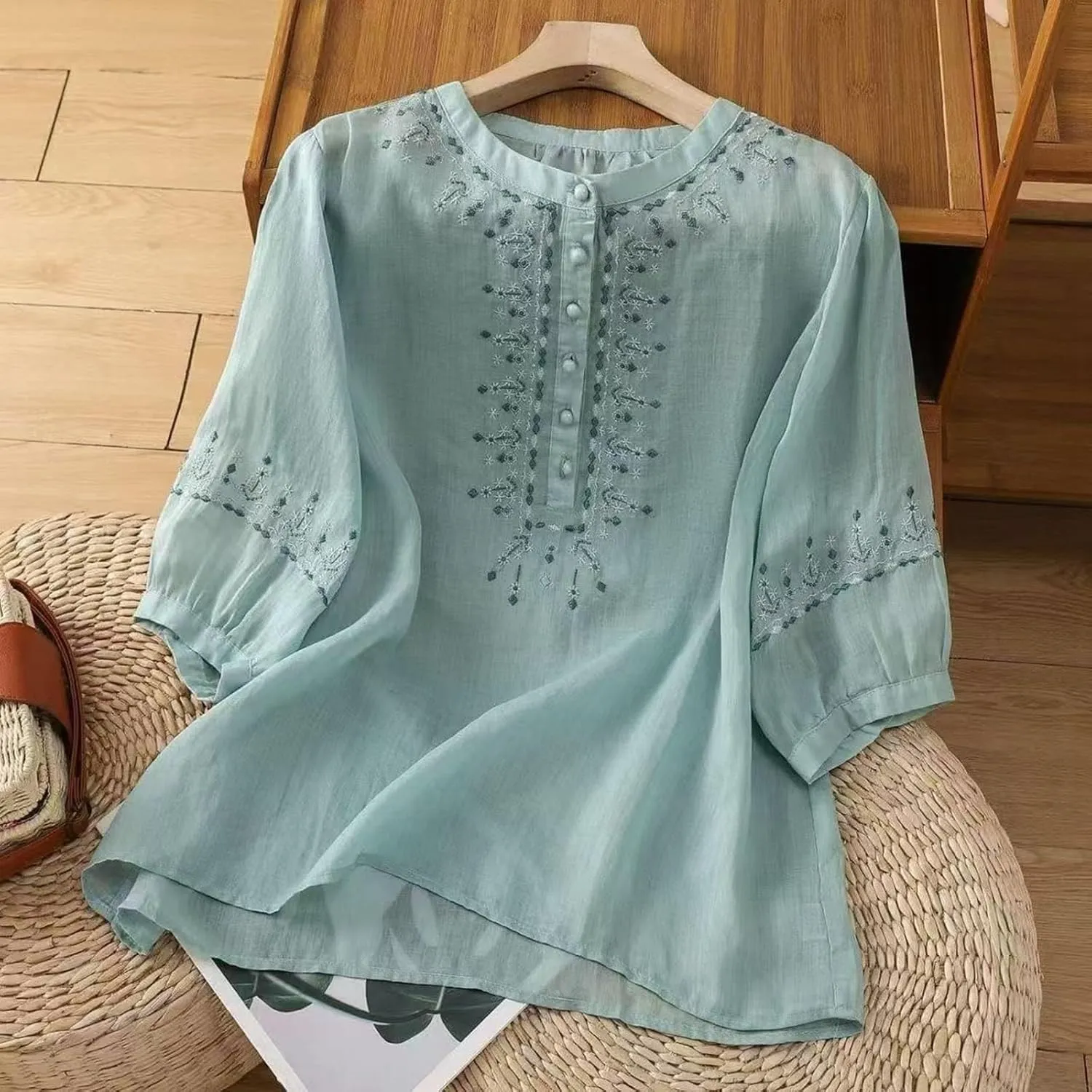 3/4 Sleeve Cotton Linen Shirts for Women 2025 Summer Boho Retro Embroidered Tops Dressy Casual Trendy Vacation Blouse