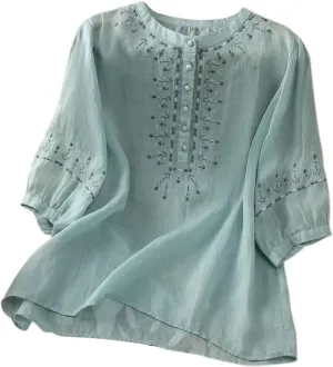 3/4 Sleeve Cotton Linen Shirts for Women 2025 Summer Boho Retro Embroidered Tops Dressy Casual Trendy Vacation Blouse