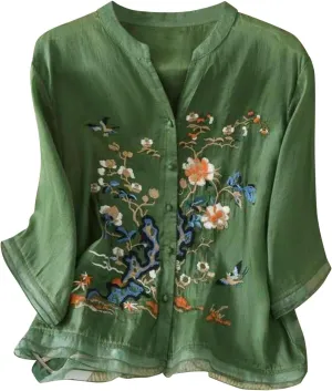 3/4 Sleeve Cotton Linen Shirts for Women 2025 Summer Boho Retro Embroidered Tops Dressy Casual Trendy Vacation Blouse