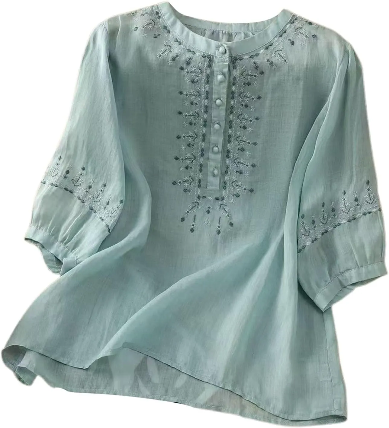 3/4 Sleeve Cotton Linen Shirts for Women 2025 Summer Boho Retro Embroidered Tops Dressy Casual Trendy Vacation Blouse