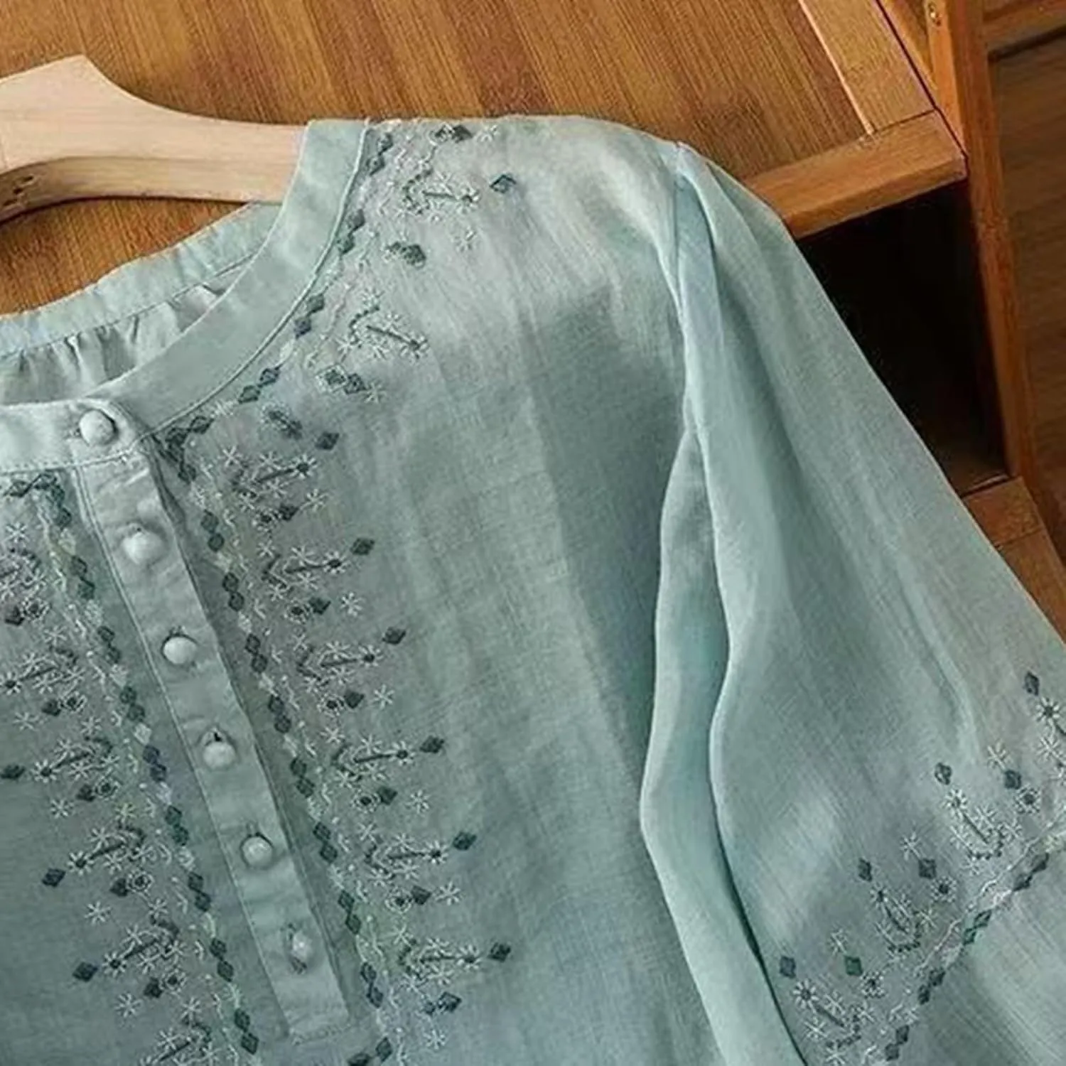 3/4 Sleeve Cotton Linen Shirts for Women 2025 Summer Boho Retro Embroidered Tops Dressy Casual Trendy Vacation Blouse