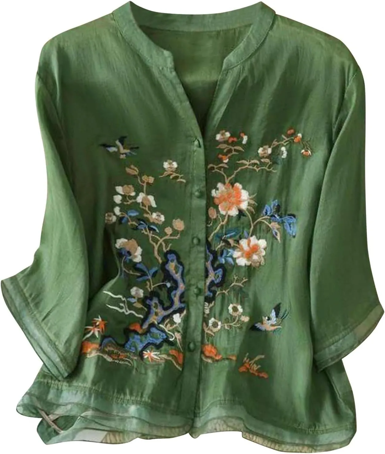 3/4 Sleeve Cotton Linen Shirts for Women 2025 Summer Boho Retro Embroidered Tops Dressy Casual Trendy Vacation Blouse
