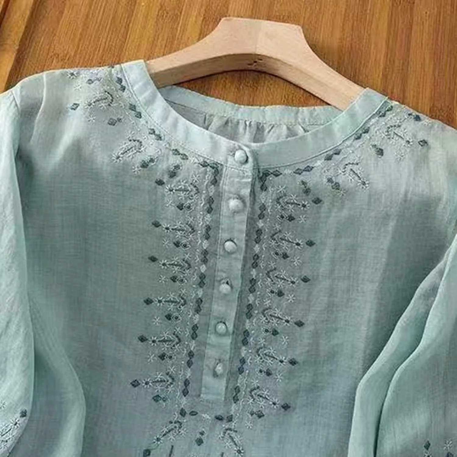 3/4 Sleeve Cotton Linen Shirts for Women 2025 Summer Boho Retro Embroidered Tops Dressy Casual Trendy Vacation Blouse
