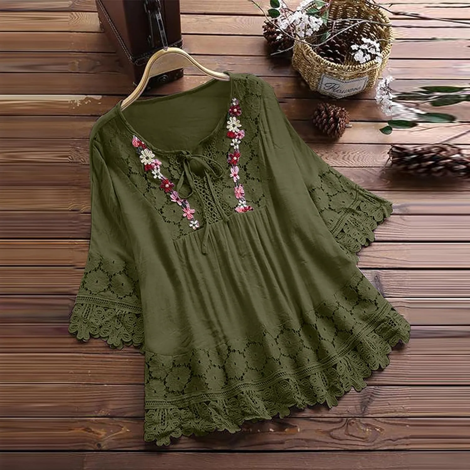 3/4 Sleeve Summer Tops for Women Cotton Linen Embroidered Tops Blouse Shirts Boho Peasant Trendy Flowy Sexy Tees Top