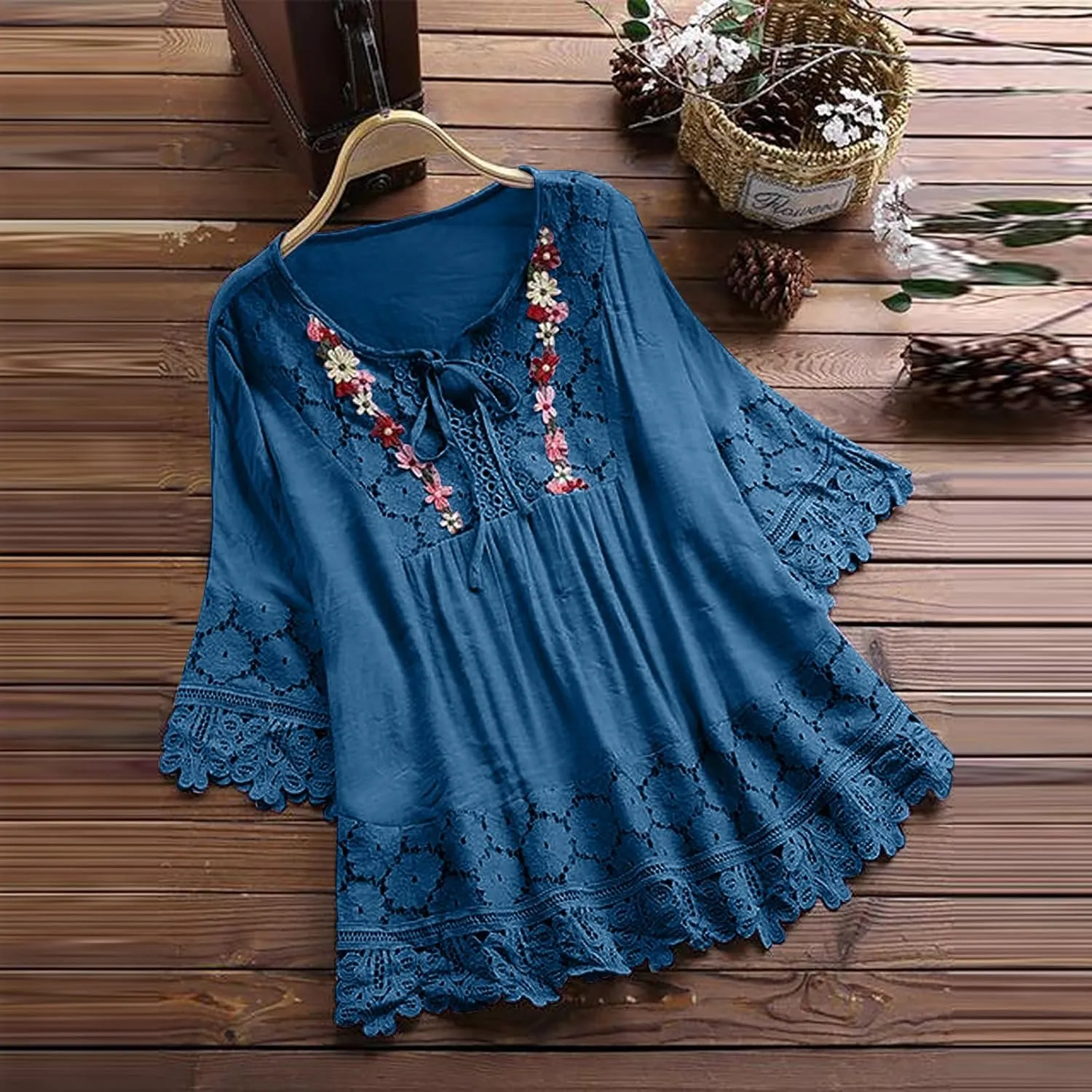 3/4 Sleeve Summer Tops for Women Cotton Linen Embroidered Tops Blouse Shirts Boho Peasant Trendy Flowy Sexy Tees Top