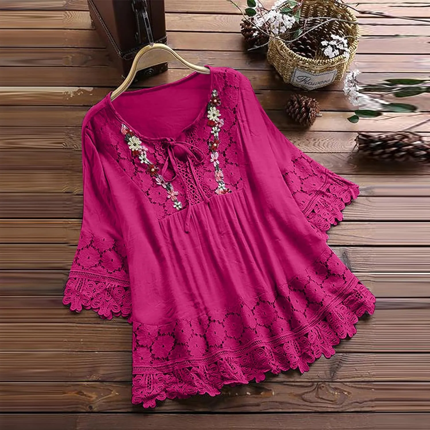 3/4 Sleeve Summer Tops for Women Cotton Linen Embroidered Tops Blouse Shirts Boho Peasant Trendy Flowy Sexy Tees Top