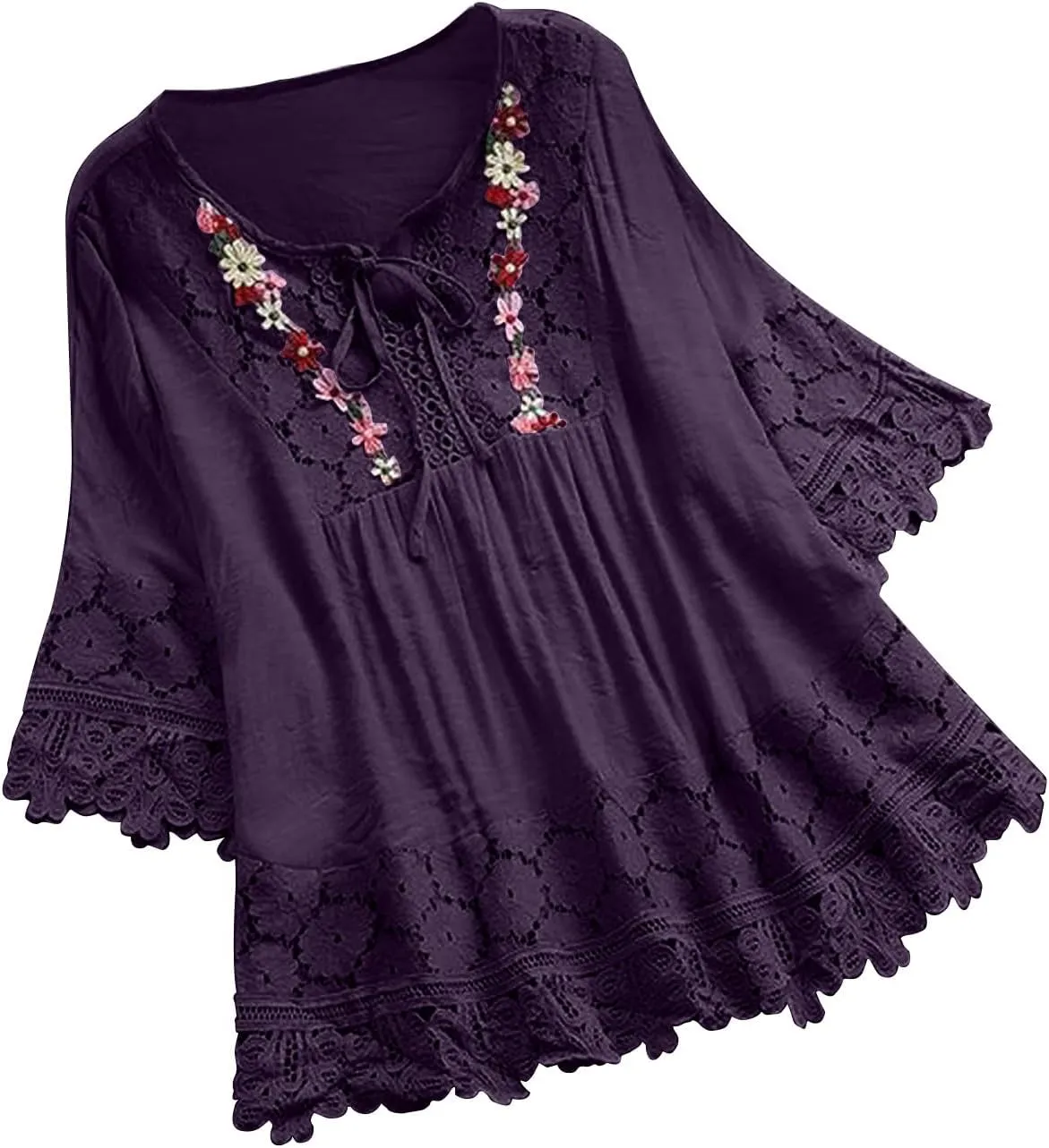 3/4 Sleeve Summer Tops for Women Cotton Linen Embroidered Tops Blouse Shirts Boho Peasant Trendy Flowy Sexy Tees Top