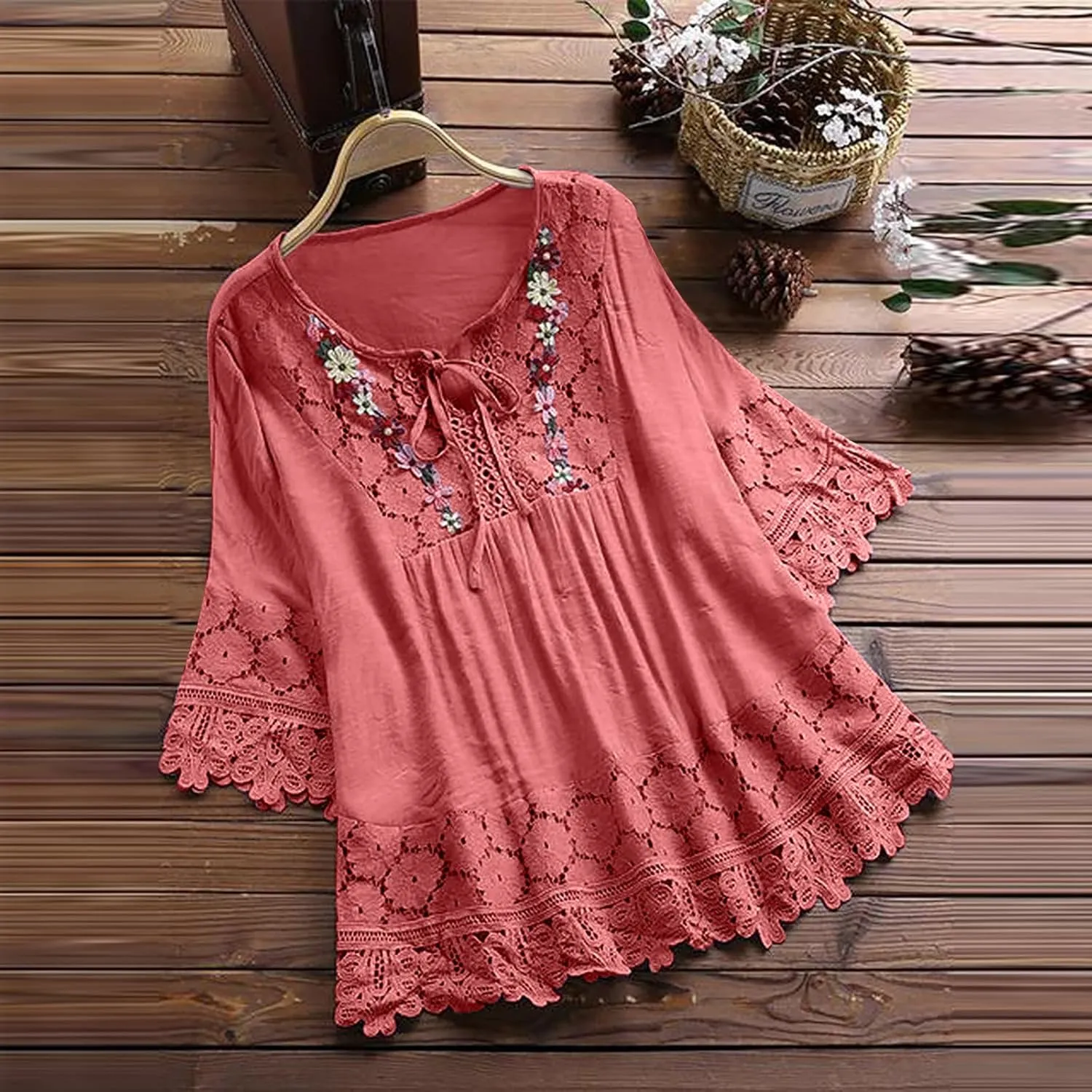 3/4 Sleeve Summer Tops for Women Cotton Linen Embroidered Tops Blouse Shirts Boho Peasant Trendy Flowy Sexy Tees Top