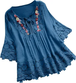 3/4 Sleeve Summer Tops for Women Cotton Linen Embroidered Tops Blouse Shirts Boho Peasant Trendy Flowy Sexy Tees Top
