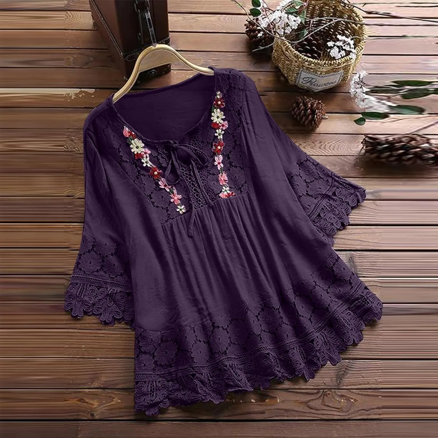 3/4 Sleeve Summer Tops for Women Cotton Linen Embroidered Tops Blouse Shirts Boho Peasant Trendy Flowy Sexy Tees Top