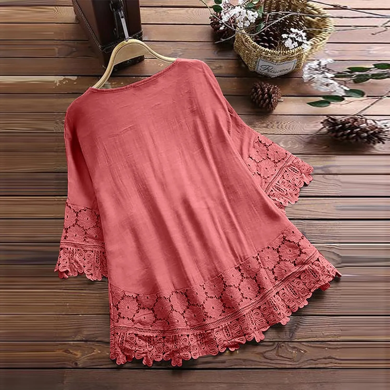 3/4 Sleeve Summer Tops for Women Cotton Linen Embroidered Tops Blouse Shirts Boho Peasant Trendy Flowy Sexy Tees Top