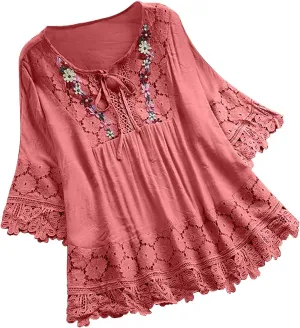 3/4 Sleeve Summer Tops for Women Cotton Linen Embroidered Tops Blouse Shirts Boho Peasant Trendy Flowy Sexy Tees Top