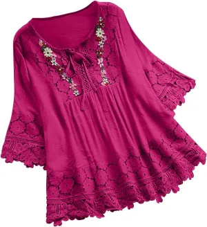 3/4 Sleeve Summer Tops for Women Cotton Linen Embroidered Tops Blouse Shirts Boho Peasant Trendy Flowy Sexy Tees Top