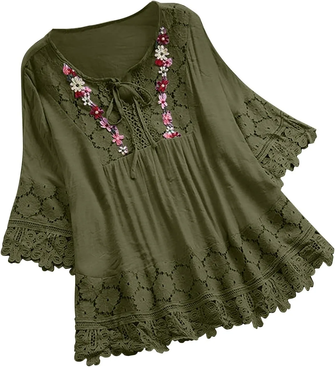 3/4 Sleeve Summer Tops for Women Cotton Linen Embroidered Tops Blouse Shirts Boho Peasant Trendy Flowy Sexy Tees Top