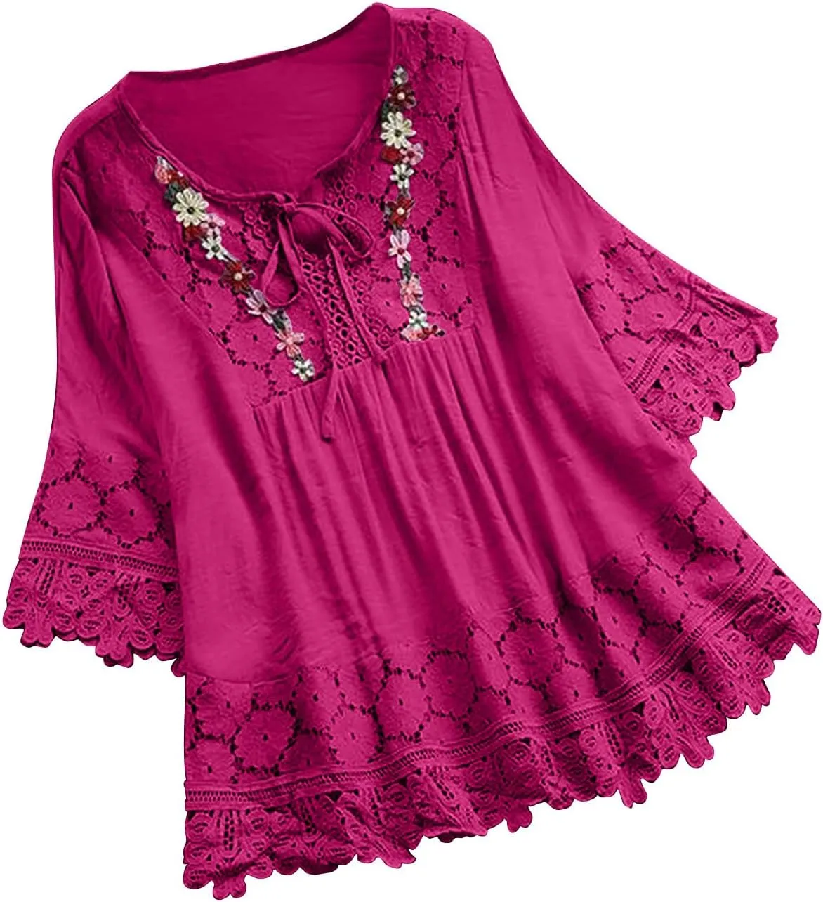 3/4 Sleeve Summer Tops for Women Cotton Linen Embroidered Tops Blouse Shirts Boho Peasant Trendy Flowy Sexy Tees Top