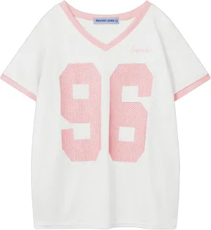 Aelfric Eden Womens Jersey Tshirts Letter Printed Tees V Neck Mesh Short Sleeve 2025 Y2k Summer Casual Tops Clothes