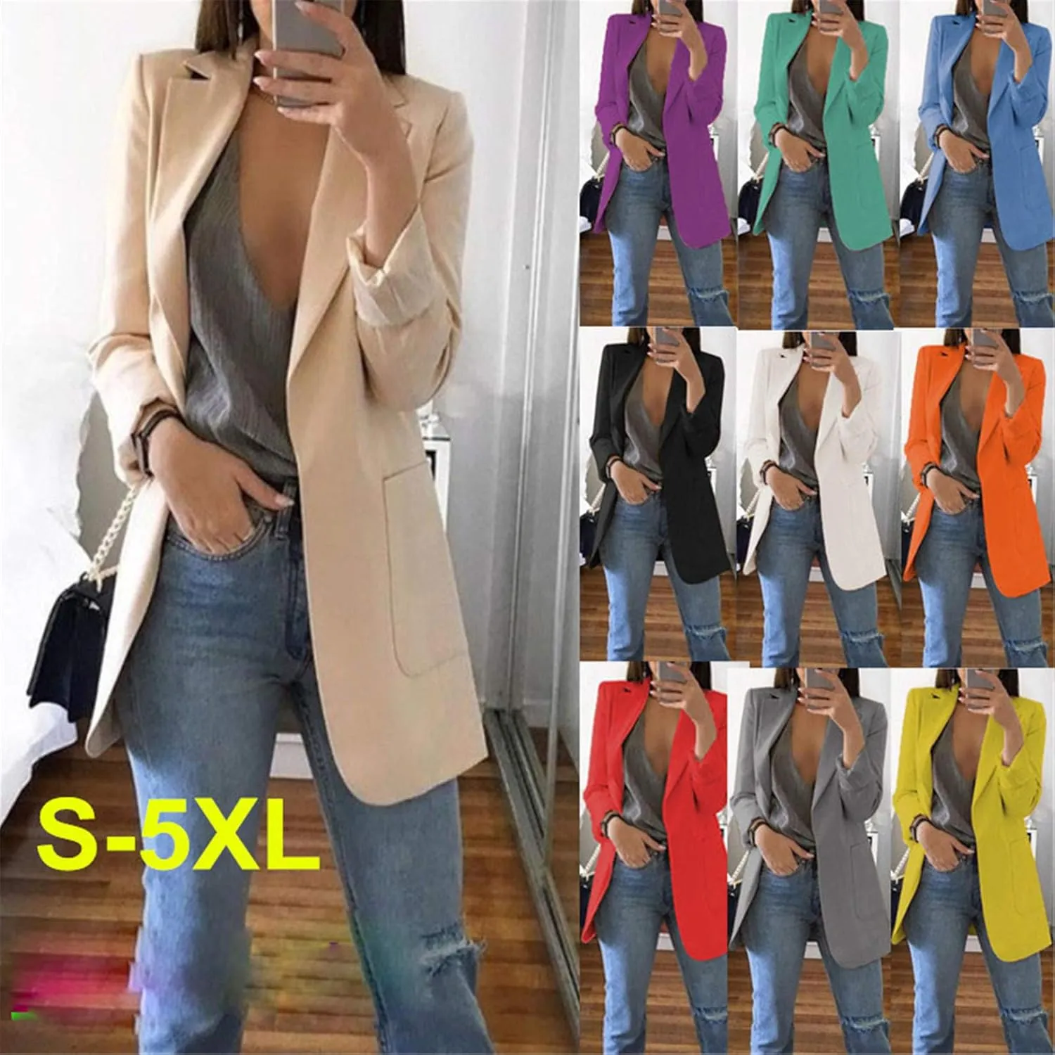 Andongnywell Womens Open Front Blazer Long Sleeve Slim Fit Work Office Cardigan Jacket