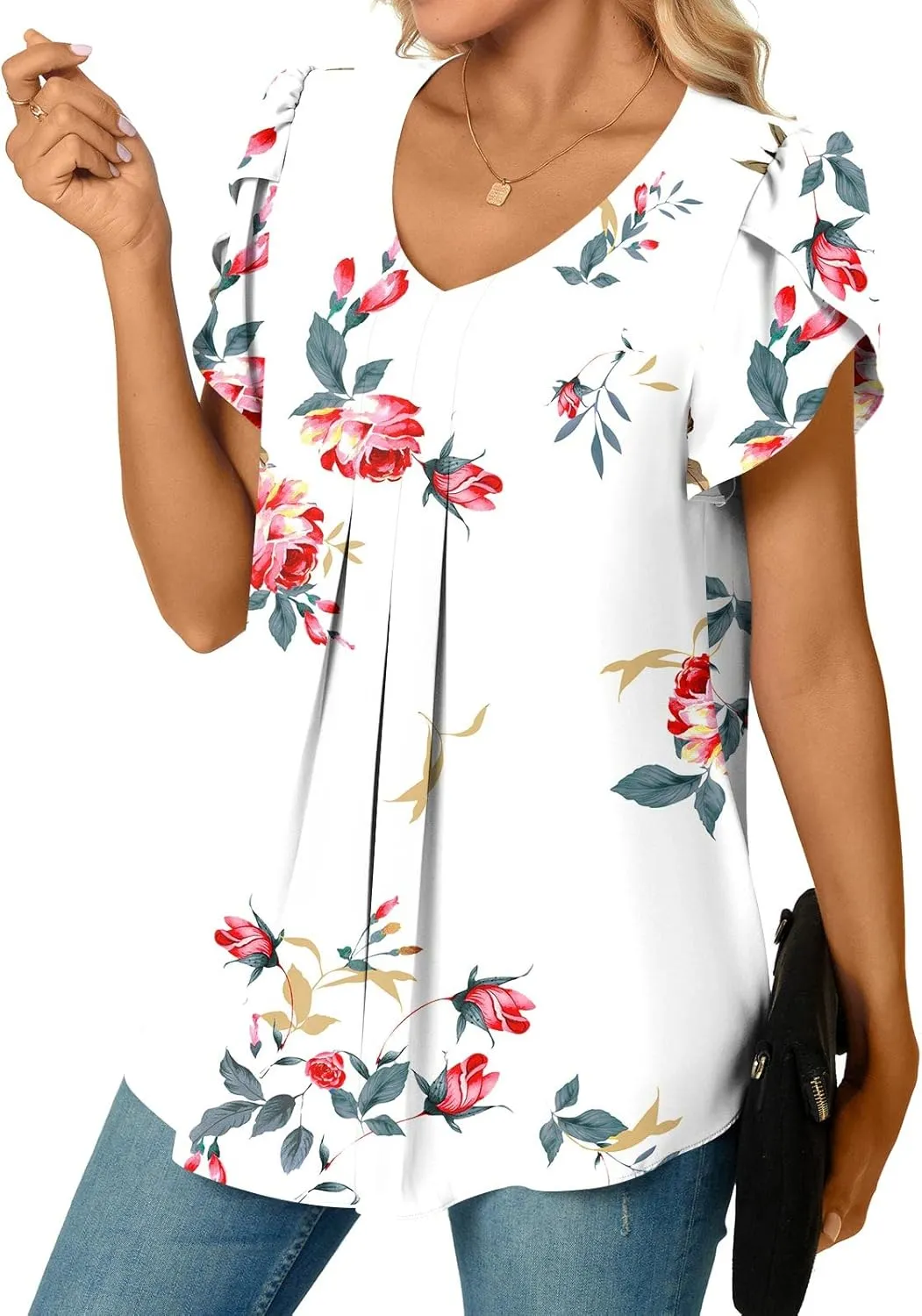 Bestbee Women's Chiffon Blouses Dressy Casual Tops Summer Tunics V Neck Business Short Sleeve Shirts