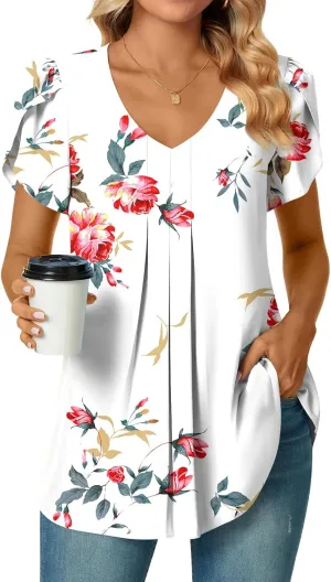 Bestbee Women's Chiffon Blouses Dressy Casual Tops Summer Tunics V Neck Business Short Sleeve Shirts