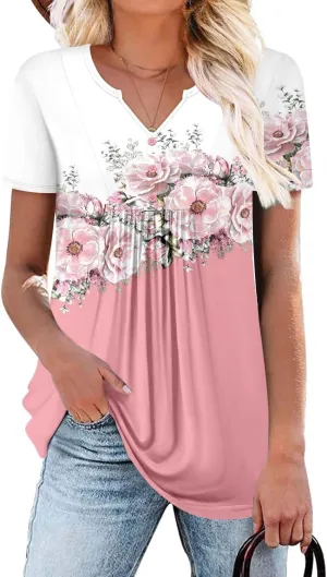 BETTE BOUTIK Womens Short Sleeve Tunics V Neck Button Down Shirts Blouse Tops Pullover S-3XL