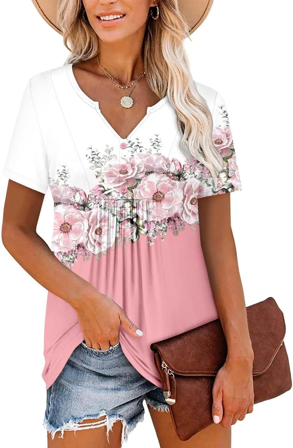 BETTE BOUTIK Womens Short Sleeve Tunics V Neck Button Down Shirts Blouse Tops Pullover S-3XL