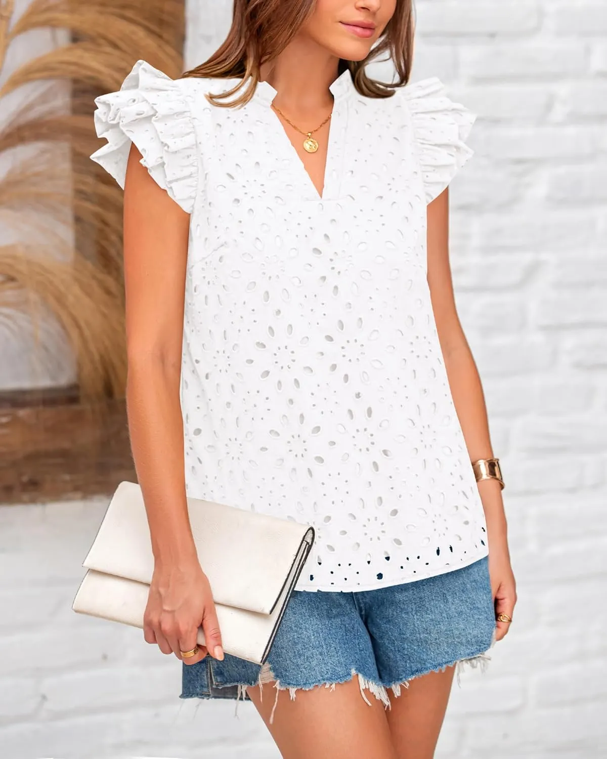 BTFBM Women Summer Eyelet Tops Dressy Casual V Neck Ruffle Cap Sleeve Cotton Boho Shirts Lace Embroidered Blouses 2025