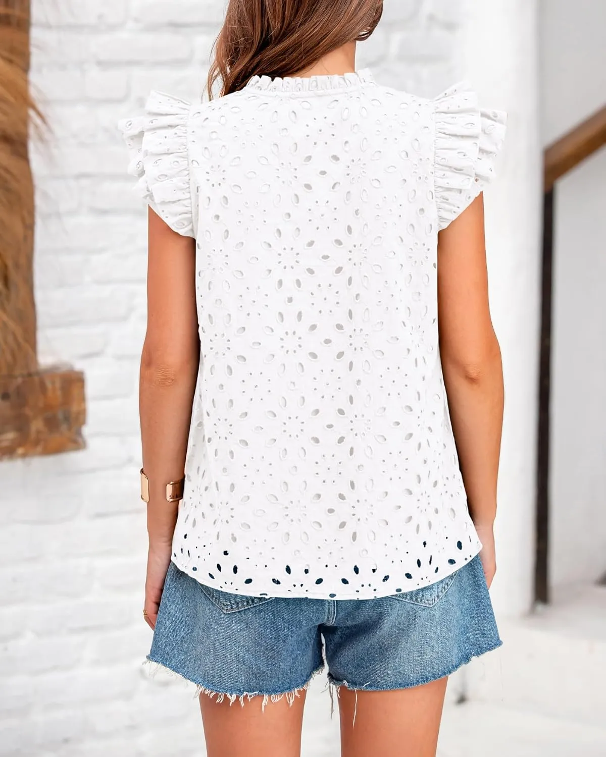 BTFBM Women Summer Eyelet Tops Dressy Casual V Neck Ruffle Cap Sleeve Cotton Boho Shirts Lace Embroidered Blouses 2025
