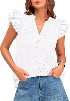 BTFBM Women Summer Eyelet Tops Dressy Casual V Neck Ruffle Cap Sleeve Cotton Boho Shirts Lace Embroidered Blouses 2025