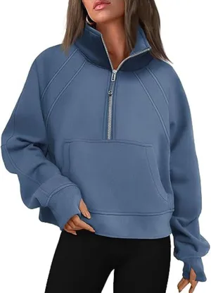 Bubeutou Half Zip Sweatshirts Womens Quarter Zip Pullover Trendy Fleece Cropped Hoodies Teen Girls Fall Top Outfits Clothes (Blue,S,Small)