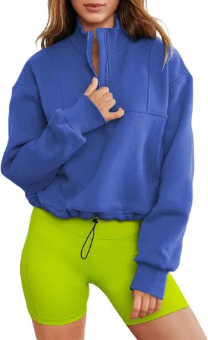 Bubeutou Womens Quarter Zip Pullover Trendy Fleece Sweatshirt Half Zip Cropped Hoodie Teen Girls Stand Collar Fall Casual Top (Blue,2XL,XX-Large)