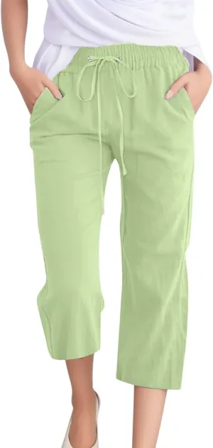 Capri Pants for Women Linen Casual Summer Straight Leg Loose Elastic High Waist Cropped Trouser Beach Pants
