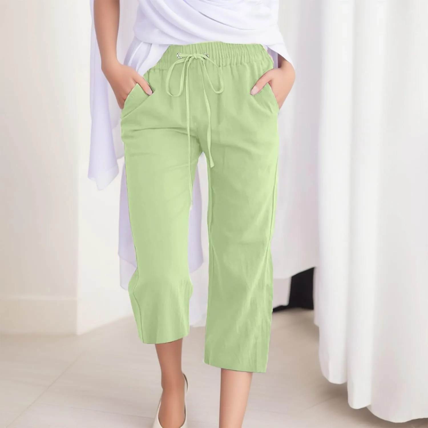 Capri Pants for Women Linen Casual Summer Straight Leg Loose Elastic High Waist Cropped Trouser Beach Pants