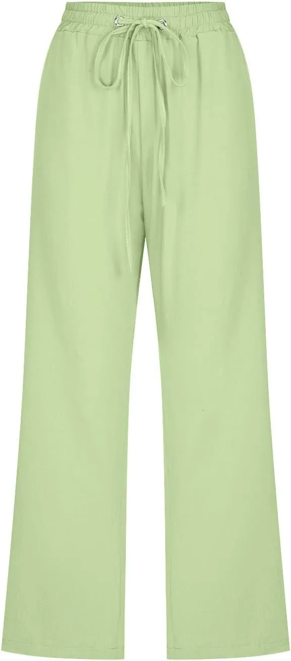 Capri Pants for Women Linen Casual Summer Straight Leg Loose Elastic High Waist Cropped Trouser Beach Pants