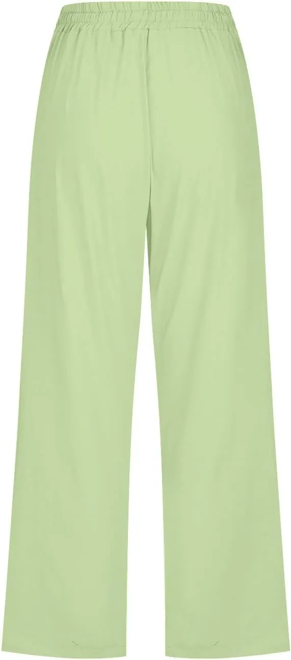 Capri Pants for Women Linen Casual Summer Straight Leg Loose Elastic High Waist Cropped Trouser Beach Pants