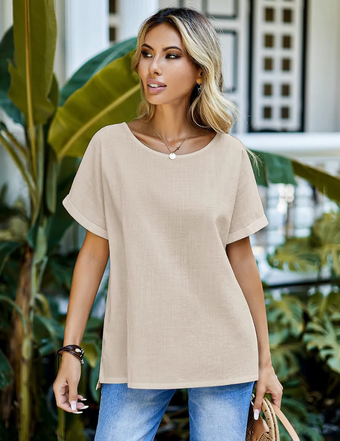 Chigant Women's Linen Shirts Short Sleeve Cotton Blouses Casual Loose Round Collar Solid Boxy Tunics Top