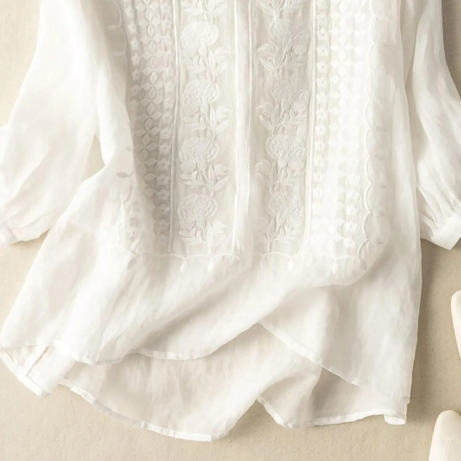 Cotton Linen Embroidered Tops for Women 3/4 Sleeve Casual Summer Retro Floral Blouses Vacation Boho Pullover Tops