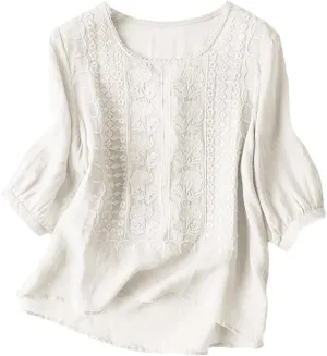 Cotton Linen Embroidered Tops for Women 3/4 Sleeve Casual Summer Retro Floral Blouses Vacation Boho Pullover Tops
