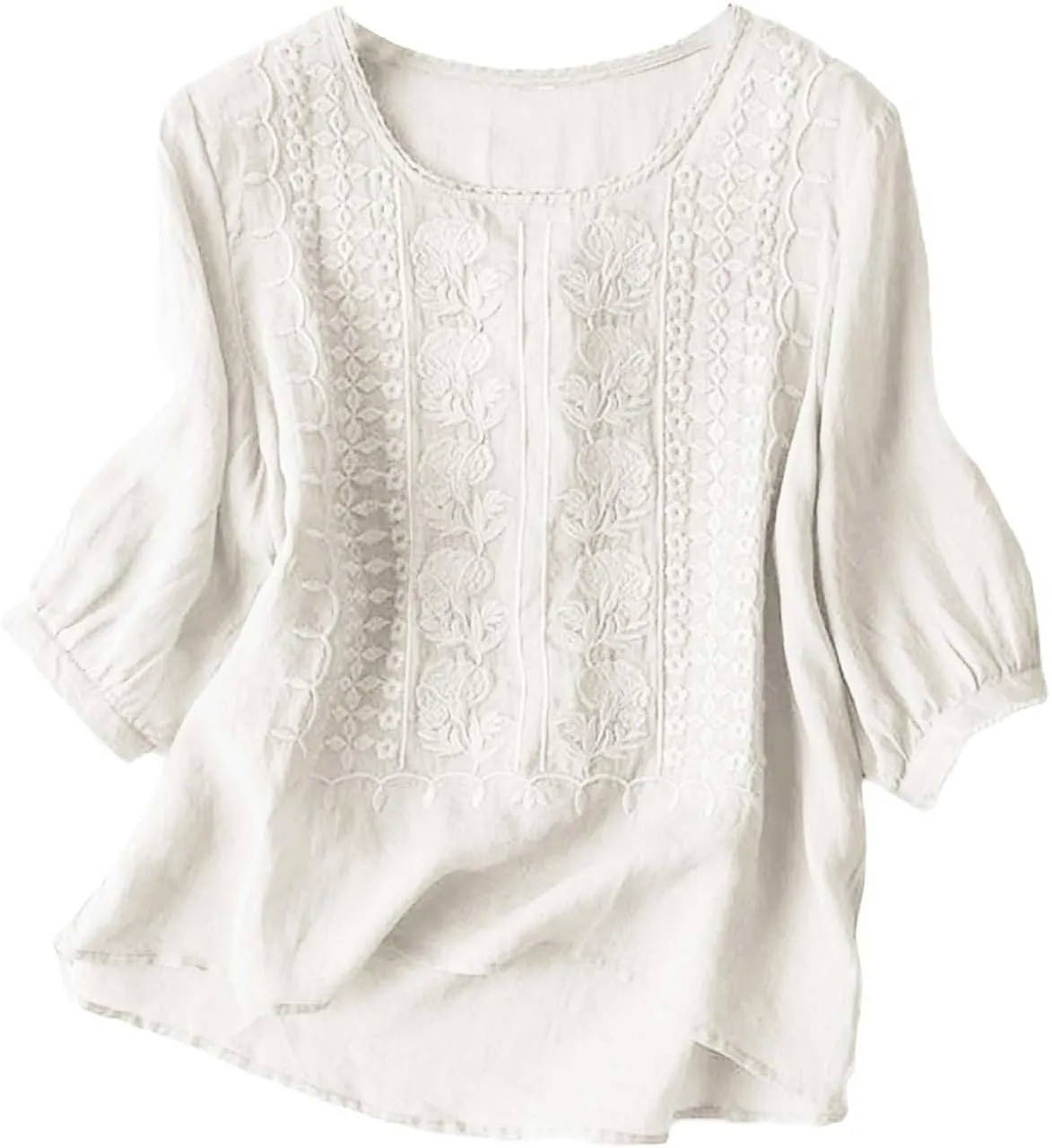 Cotton Linen Embroidered Tops for Women 3/4 Sleeve Casual Summer Retro Floral Blouses Vacation Boho Pullover Tops