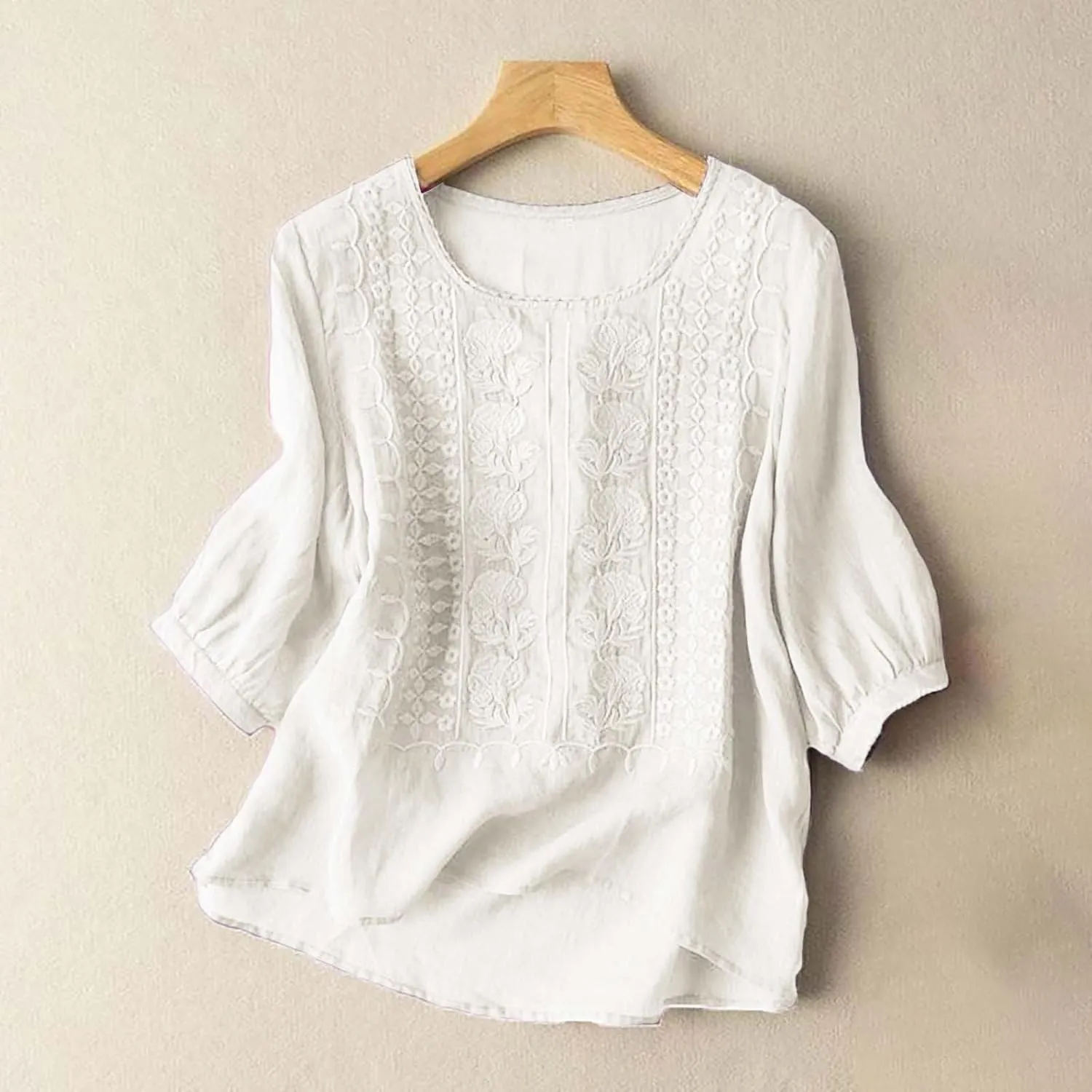 Cotton Linen Embroidered Tops for Women 3/4 Sleeve Casual Summer Retro Floral Blouses Vacation Boho Pullover Tops