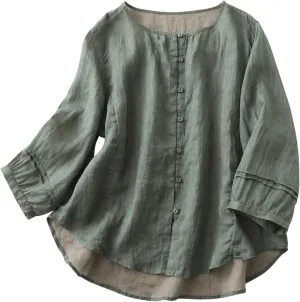 Cotton Linen Shirts for Women Long Sleeve Tops 2024 Summer Fashion Peasant Tees Casual Crewneck Button Blouses