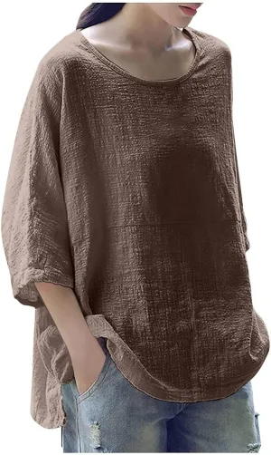 Cotton Linen Shirts for Women Solid Color 3/4 Sleeve Tops Summer Casual Round Neck Blouses 2025 Ladies Tunic Tshirt